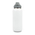 A drink bottle made of stainless steel, featuring a grey cap and a sleek white body. It has a logo on the side.
