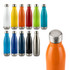 A drink bottle collection featuring various colours, including orange, blue, green, black, and stainless steel, with a metallic cap.