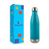 A drink bottle in turquoise with a stainless steel lid, alongside a colourful packaging box.
