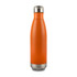 A drink bottle in bright orange with a stainless steel bottom and cap, featuring a sleek design and a logo.