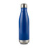 A drink bottle in a vibrant blue colour with a stainless steel base and a sleek, modern design.