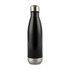 A drink bottle made of stainless steel, featuring a sleek black finish and a silver base. It has a logo.