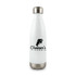A drink bottle in white with a stainless steel base and a logo design on the front.