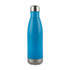 A drink bottle in a vibrant blue color with a stainless steel base and a screw-on metallic cap.