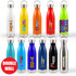 A collection of colorful drink bottles, including orange, green, blue, and silver options, each with a unique design and a hanger lid.
