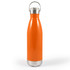 A drink bottle featuring an orange body and a stainless steel base, equipped with a hanger lid for easy carrying.