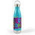 A drink bottle with a turquoise body, silver bottom, and a hanger lid featuring colorful "KIDS ZONE" graphics.