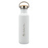 A drink bottle in white with a stainless steel lid and wooden handle, featuring a logo. Ideal for reusable drinkware.