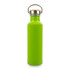A drink bottle made of recycled aluminium in bright green with a stainless steel cap and bamboo accent.