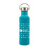 A drink bottle in turquoise with a stainless steel lid and a logo prominently displayed on the front.
