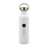 A drink bottle made of recycled aluminum featuring a white finish and a cork top, branded with the logo "Olive Oasis."
