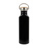 A drink bottle made of recycled aluminum, featuring a black finish and a metal handle with a cork top.