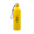A drink bottle in bright yellow with a bamboo lid and a logo. It features a slim design and a carry strap.