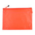 An orange PVC pouch with a zip closure and a drawstring, featuring a textured surface and a branding logo.