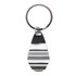 A silver keychain with a sleek, polished design, featuring a round ring for attachment.