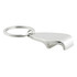 A silver keychain bottle opener with a smooth, sleek design and a circular keyring attachment.