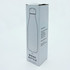 A drink bottle in a sleek silver design, inside a cylindrical white box with branding and product details.