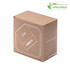 A brown cardboard box with a rounded design and a logo, featuring minimalistic white line graphics.