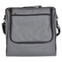 A grey picnic basket with a front zip pocket and an adjustable shoulder strap. It has a logo on the side.