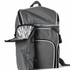 A grey picnic backpack with insulated sections and a front pocket, featuring decorative white trim and straps.