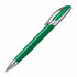 A green metal pen with a silver clip and trim, featuring a logo on the barrel.
