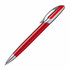 A red metal pen with a shiny silver clip and accents, featuring a branding logo.