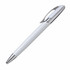 A metal pen in white with chrome accents, featuring a clip and a smooth design. The pen has a logo on its body.