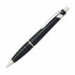A black pen with a textured grip and silver accents, featuring a clip and a sleek design.