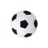 A white and black soccer ball stress reliever with a traditional hexagonal design and a logo.