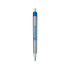 A silver metal pen with a blue top and a logo on its barrel.