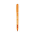 An orange metal pen with a silver clip and a branding logo on its side.
