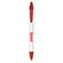 A plastic pen with a white body and red accents, featuring a logo.