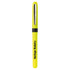 A bright yellow pen with a black grip and branding on the barrel, featuring a sleek silver clip.
