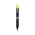 A black pen with a yellow cap, featuring a logo, suitable for various writing tasks.