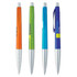 Four metallic pens in orange, green, blue, and purple, each with a silver clip and a branding logo.