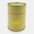 A medium cylindrical candle in a natural cardboard container with a green lid, labelled 'vanilla' in yellow lettering.