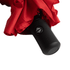A red umbrella with a black handle and a logo, neatly folded.