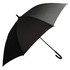 A black umbrella with a curved handle and a solid canopy, featuring a logo on the fabric.