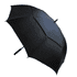 A black umbrella with a sleek design, featuring a sturdy handle and a branding logo.