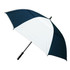 A large umbrella featuring a navy blue and white design, with a sturdy black handle. It has a logo on the fabric.