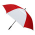 A red and white umbrella with a black handle, featuring a logo on the canopy.