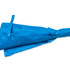 A blue umbrella with ties gathered neatly, featuring a logo on the fabric.
