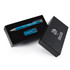 A black gift box containing a blue pen and a blue USB flash drive, both featuring branding.