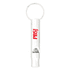 A white aluminium whistle keychain with a keyring attachment and a logo.