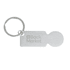 A silver keyring featuring a flat rectangular tag with a rounded end and a circular keyring attachment.