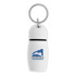 A white hotel keychain in the shape of a drink bottle with a keyring. It features a blue logo.