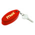 A red floating keychain attached to a silver key, featuring a logo on one side.