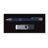 A blue pen and a silver flash drive are arranged on a black background, showcasing a sleek promotional gift set.