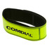 A reflective wristband in vibrant yellow with a branded logo, featuring a comfortable adjustable strap.