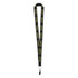 A black lanyard featuring yellow branding, designed with a secure clip for attachments.